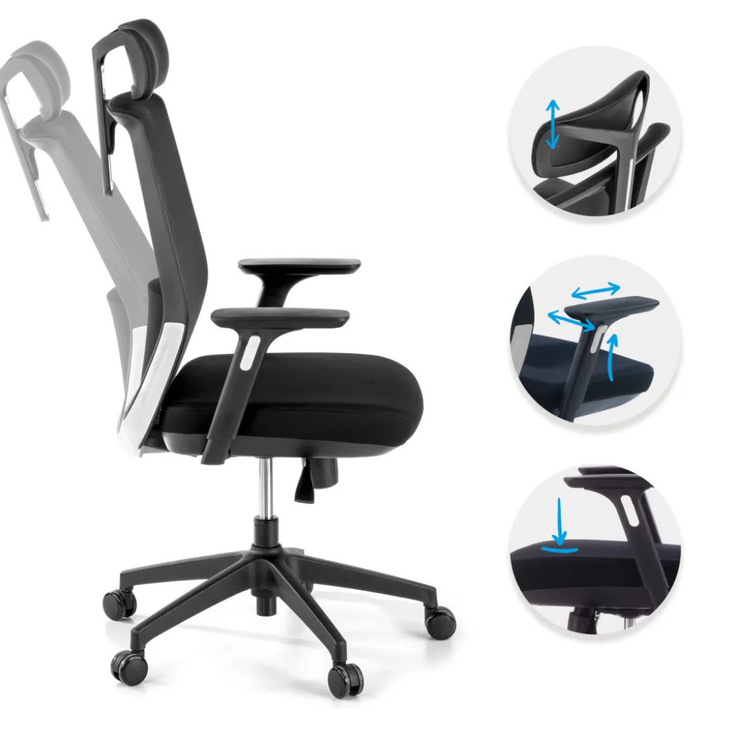 Silla de oficina Wind, respaldo ergonómico, brazos 3D, reposacabezas